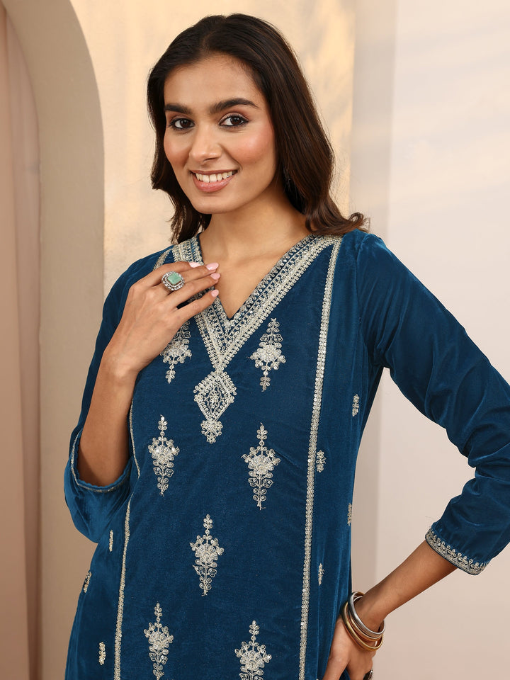 Teal Embroidered Velvet Straight Suit Set With Dupatta