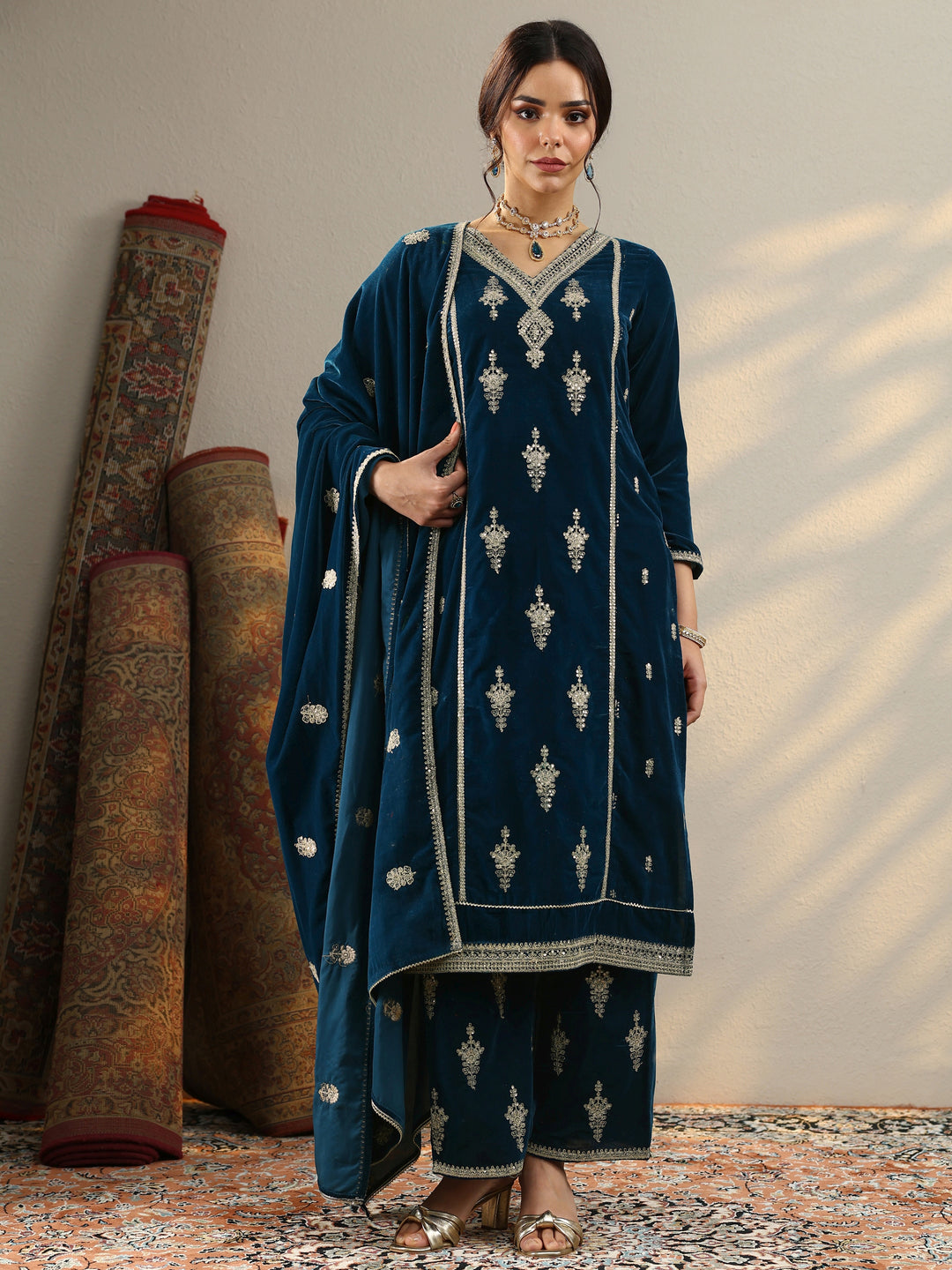 Navy Blue Embroidered Velvet Straight Suit Set With Dupatta