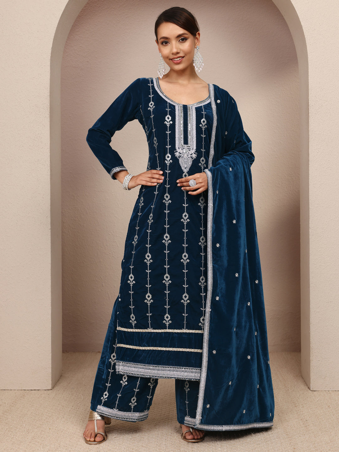 Navy Blue Embroidered Velvet Straight Suit Set With Dupatta