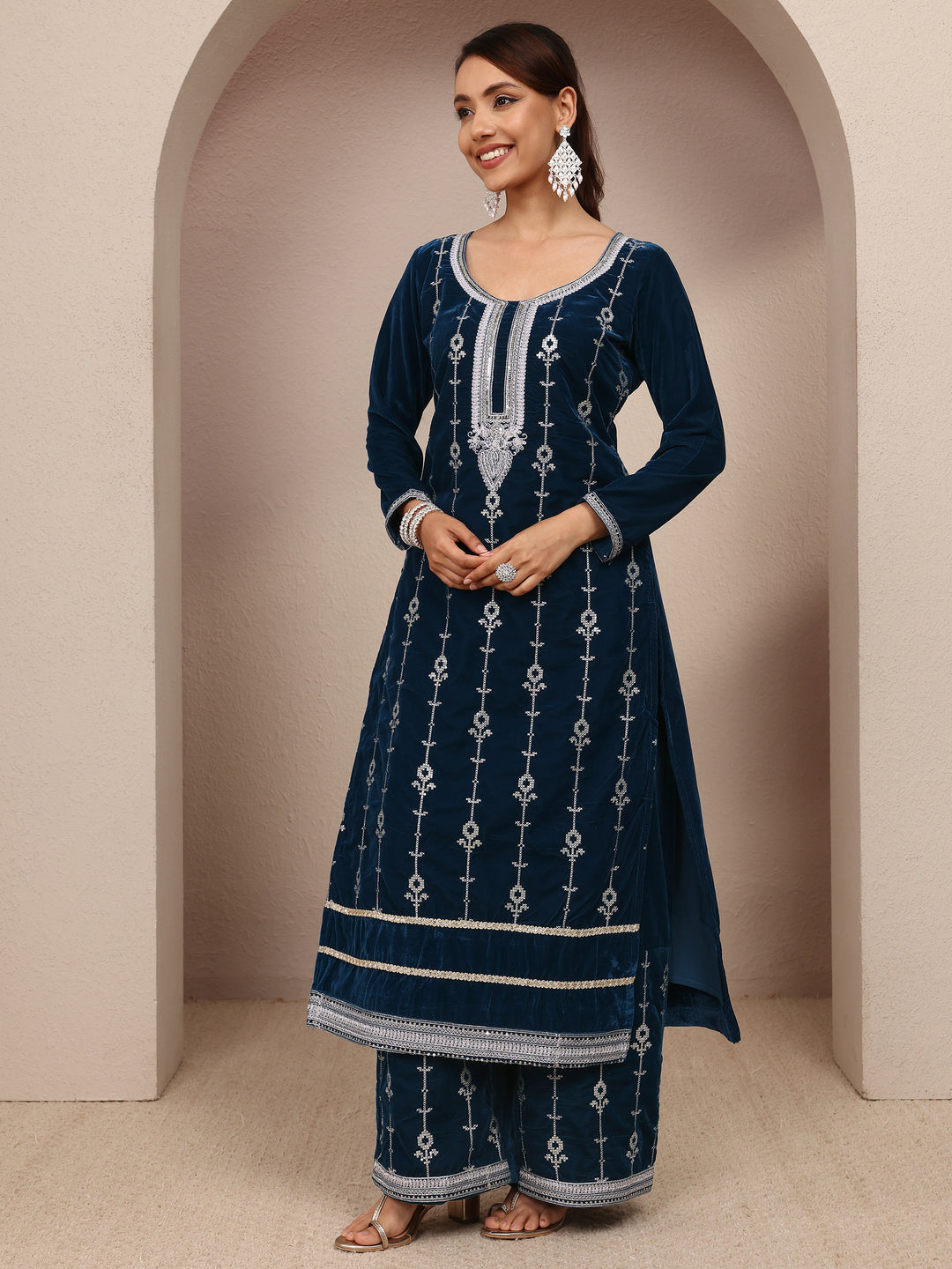 Navy Blue Embroidered Velvet Straight Suit Set With Dupatta