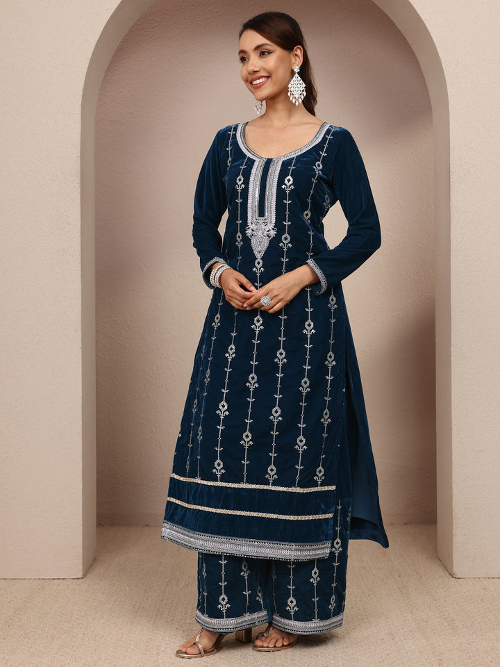 Navy Blue Embroidered Velvet Straight Suit Set With Dupatta