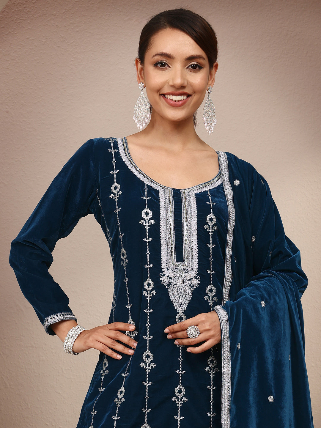 Navy Blue Embroidered Velvet Straight Suit Set With Dupatta