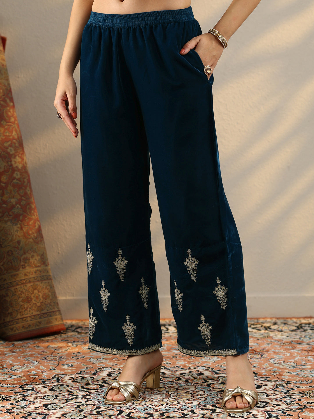 Navy Blue Embroidered Velvet Straight Suit Set With Dupatta