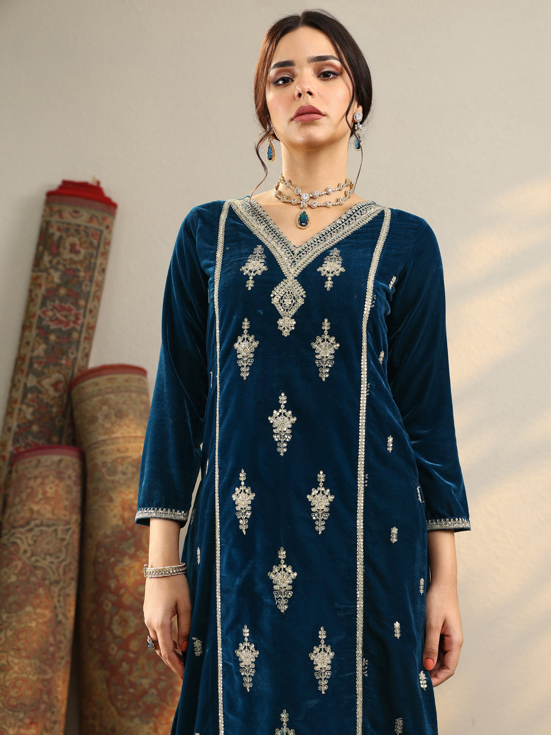 Navy Blue Embroidered Velvet Straight Suit Set With Dupatta