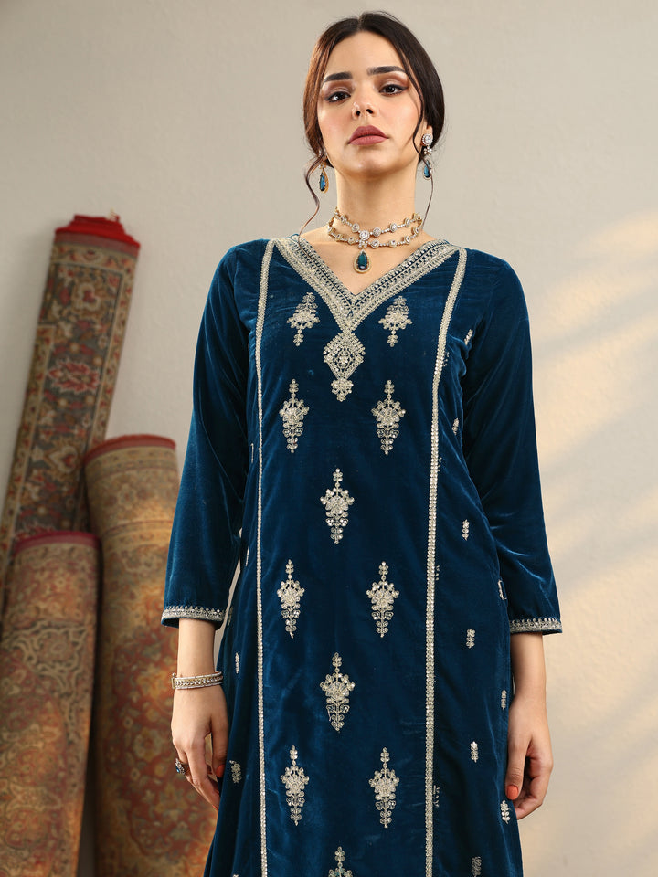 Navy Blue Embroidered Velvet Straight Suit Set With Dupatta