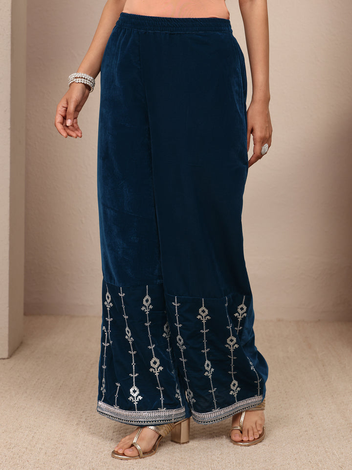 Navy Blue Embroidered Velvet Straight Suit Set With Dupatta