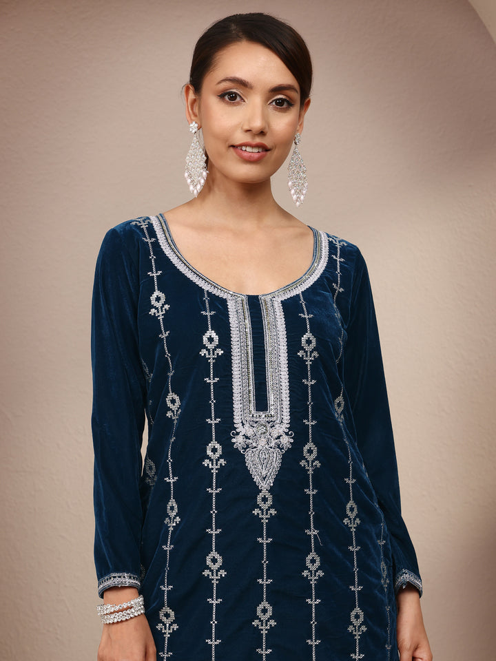 Navy Blue Embroidered Velvet Straight Suit Set With Dupatta