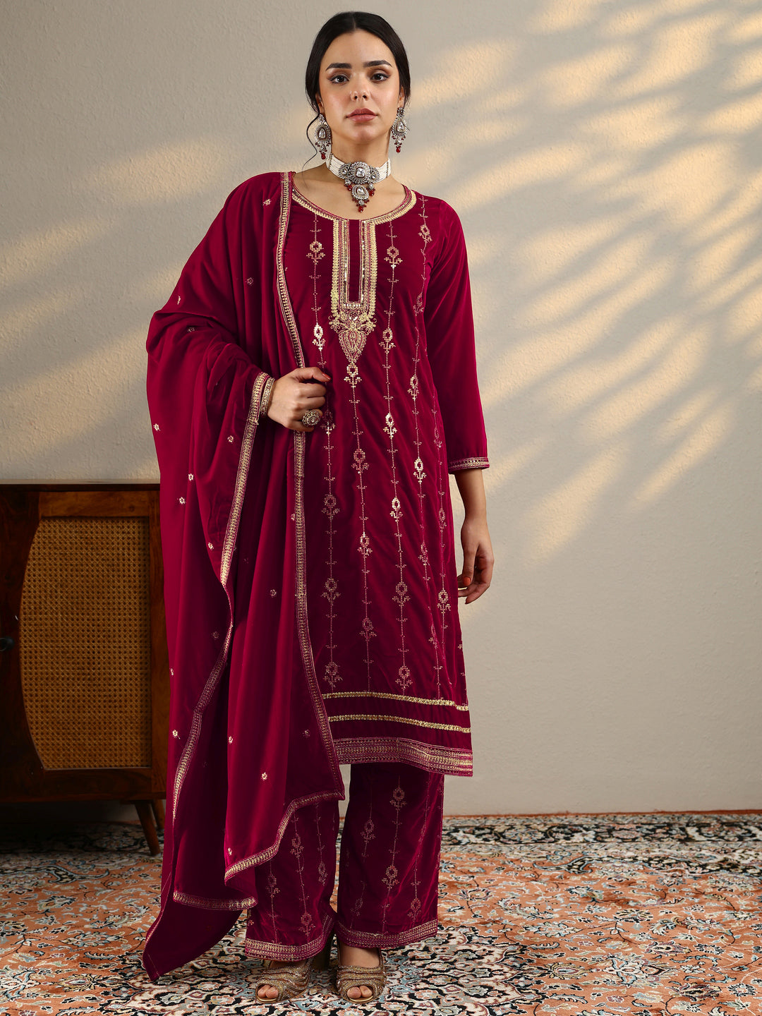 Red Embroidered Velvet Straight Suit Set With Dupatta