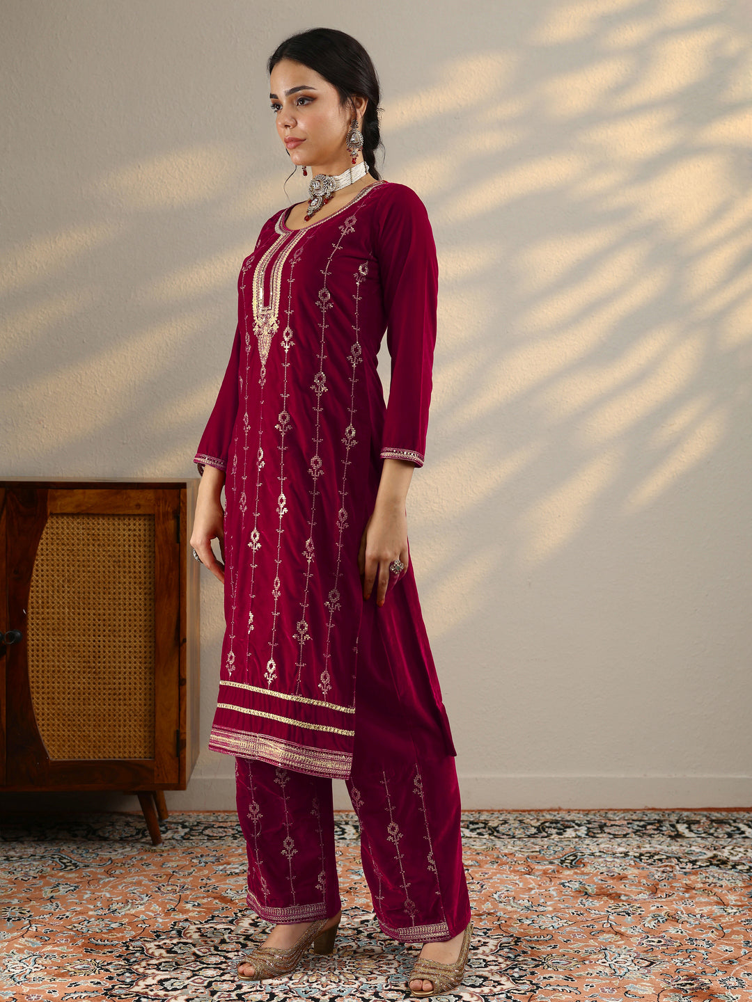 Red Embroidered Velvet Straight Suit Set With Dupatta