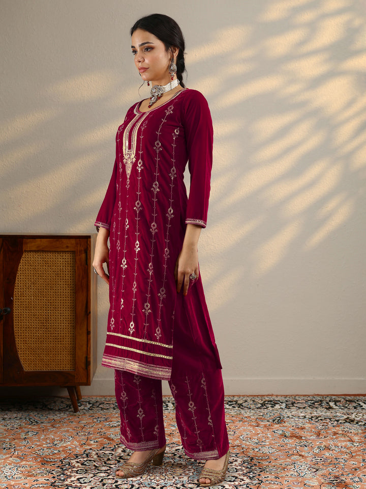 Red Embroidered Velvet Straight Suit Set With Dupatta
