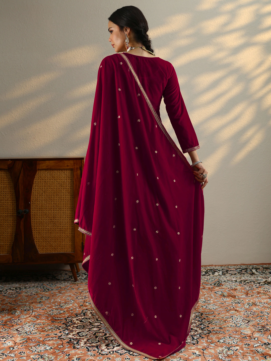 Red Embroidered Velvet Straight Suit Set With Dupatta