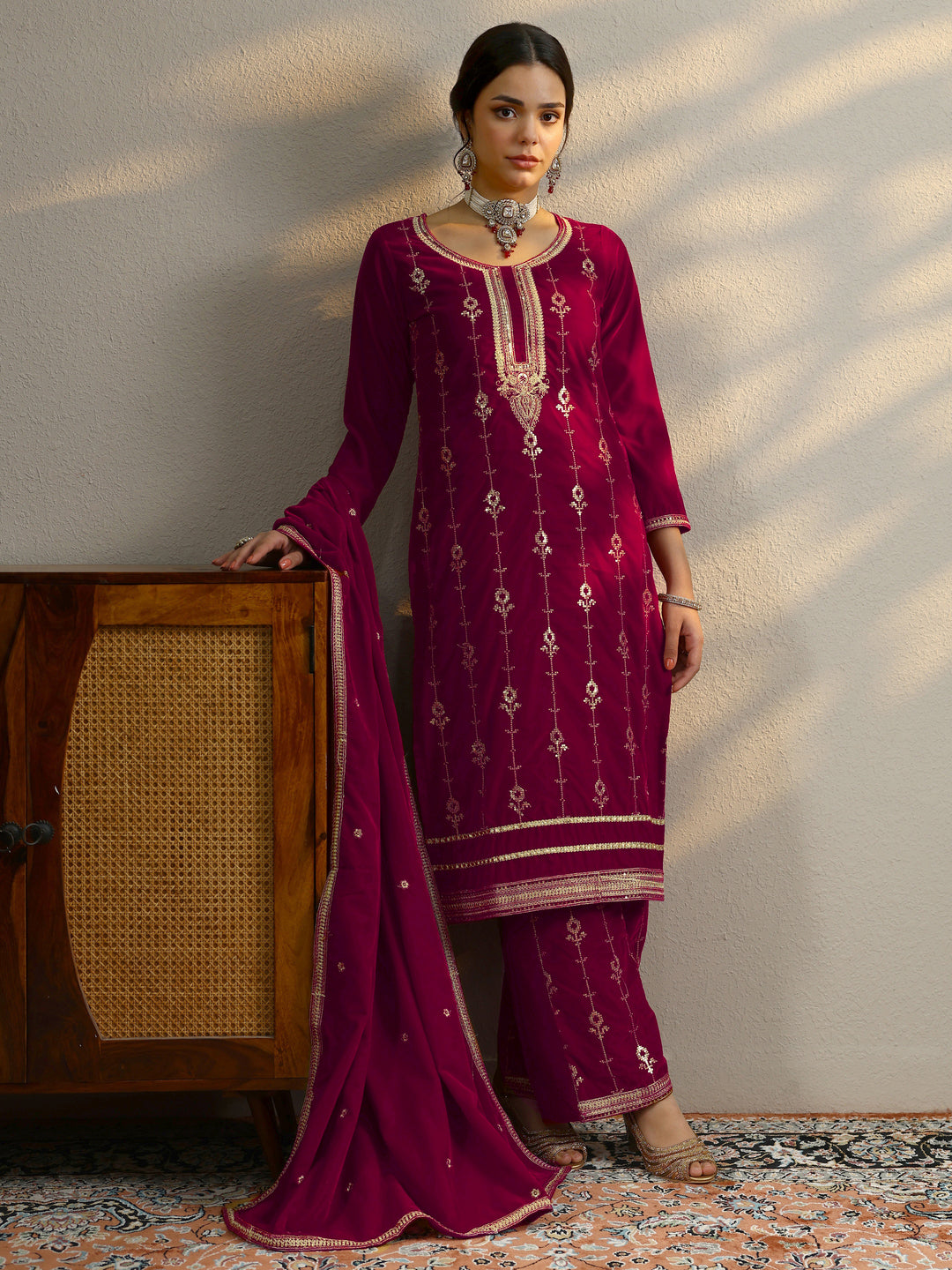Red Embroidered Velvet Straight Suit Set With Dupatta