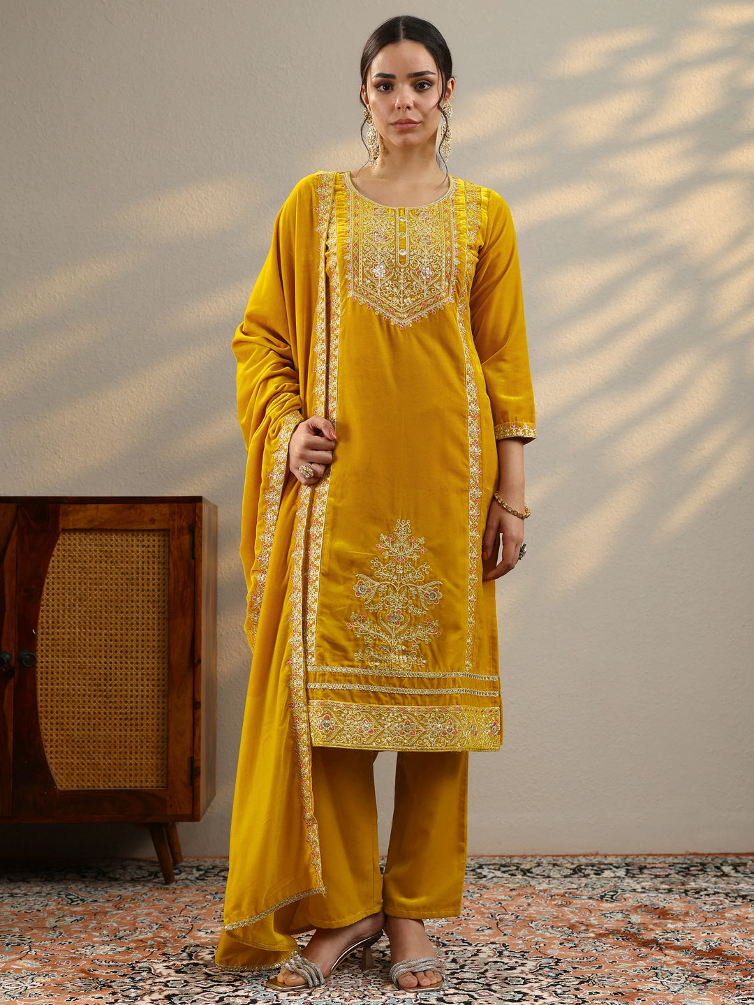 Mustard Embroidered Velvet Straight Suit Set With Dupatta