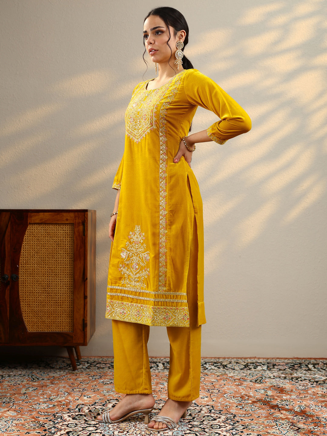 Mustard Embroidered Velvet Straight Suit Set With Dupatta
