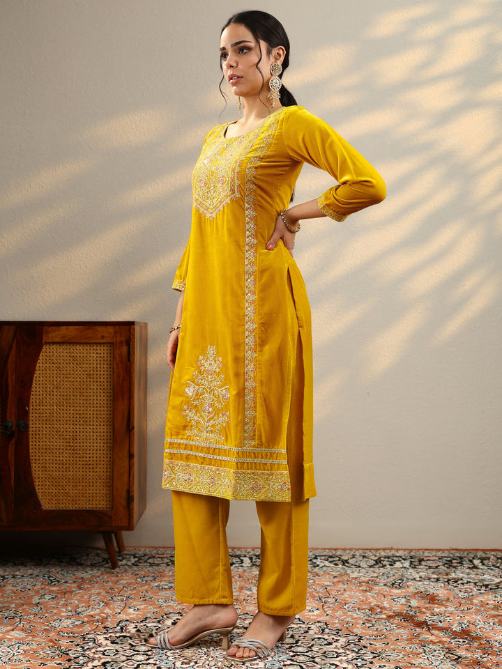 Mustard Embroidered Velvet Straight Suit Set With Dupatta