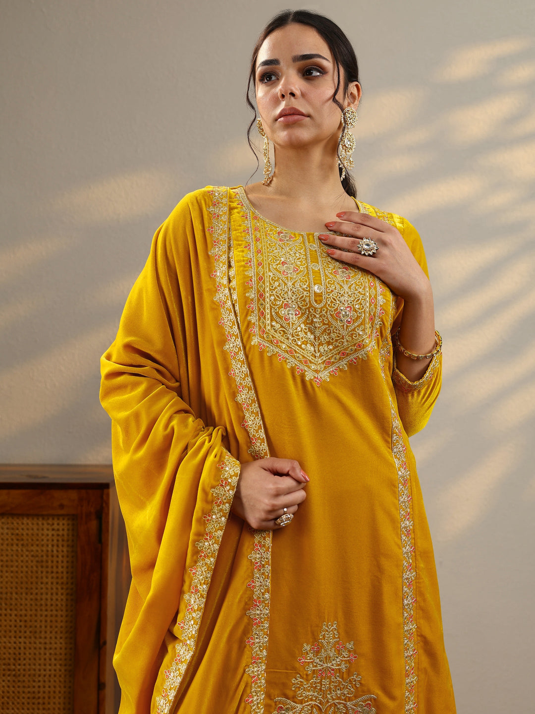 Mustard Embroidered Velvet Straight Suit Set With Dupatta