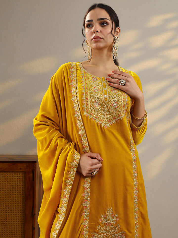 Mustard Embroidered Velvet Straight Suit Set With Dupatta