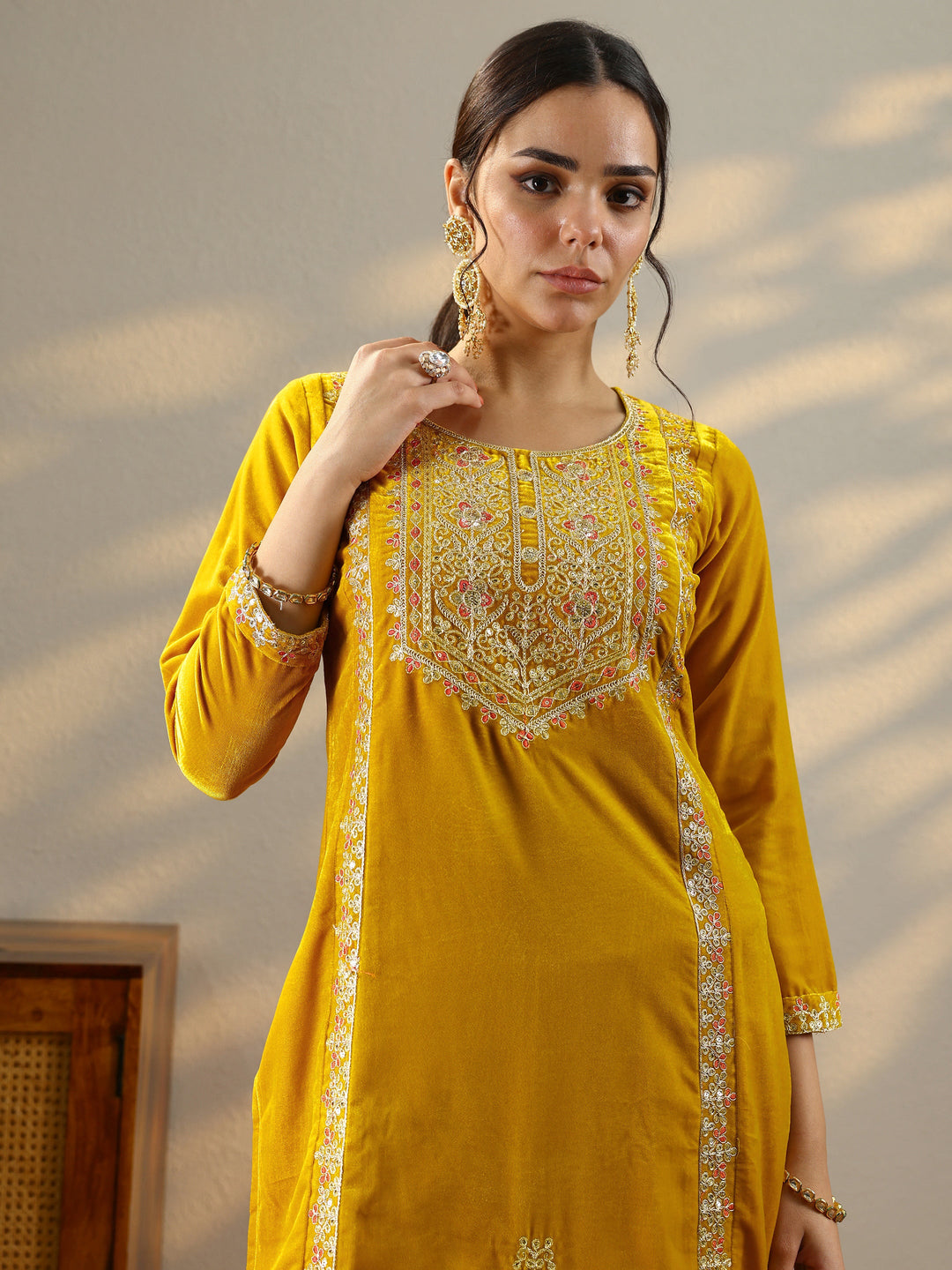 Mustard Embroidered Velvet Straight Suit Set With Dupatta