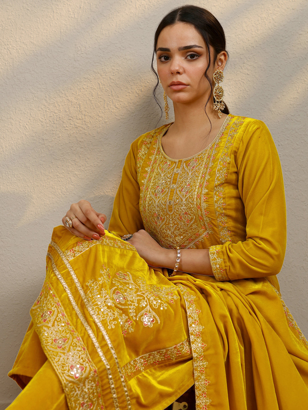 Mustard Embroidered Velvet Straight Suit Set With Dupatta