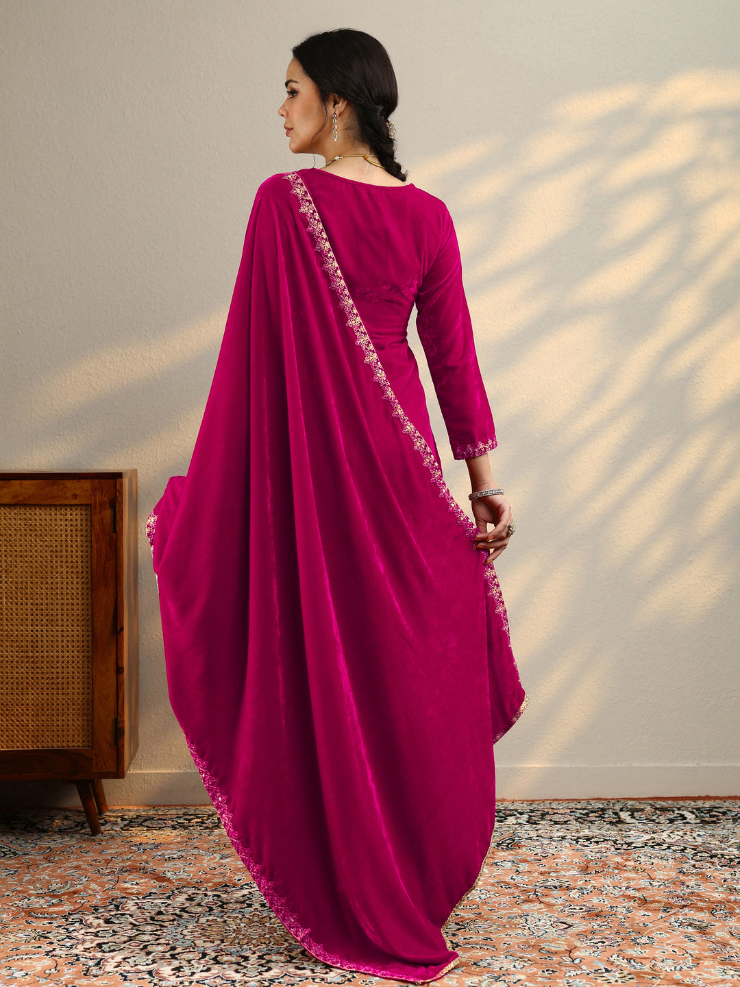 Pink Embroidered Velvet Straight Suit Set With Dupatta