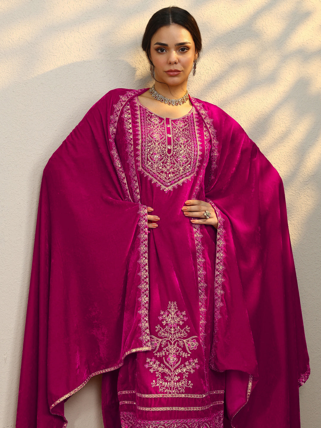 Pink Embroidered Velvet Straight Suit Set With Dupatta
