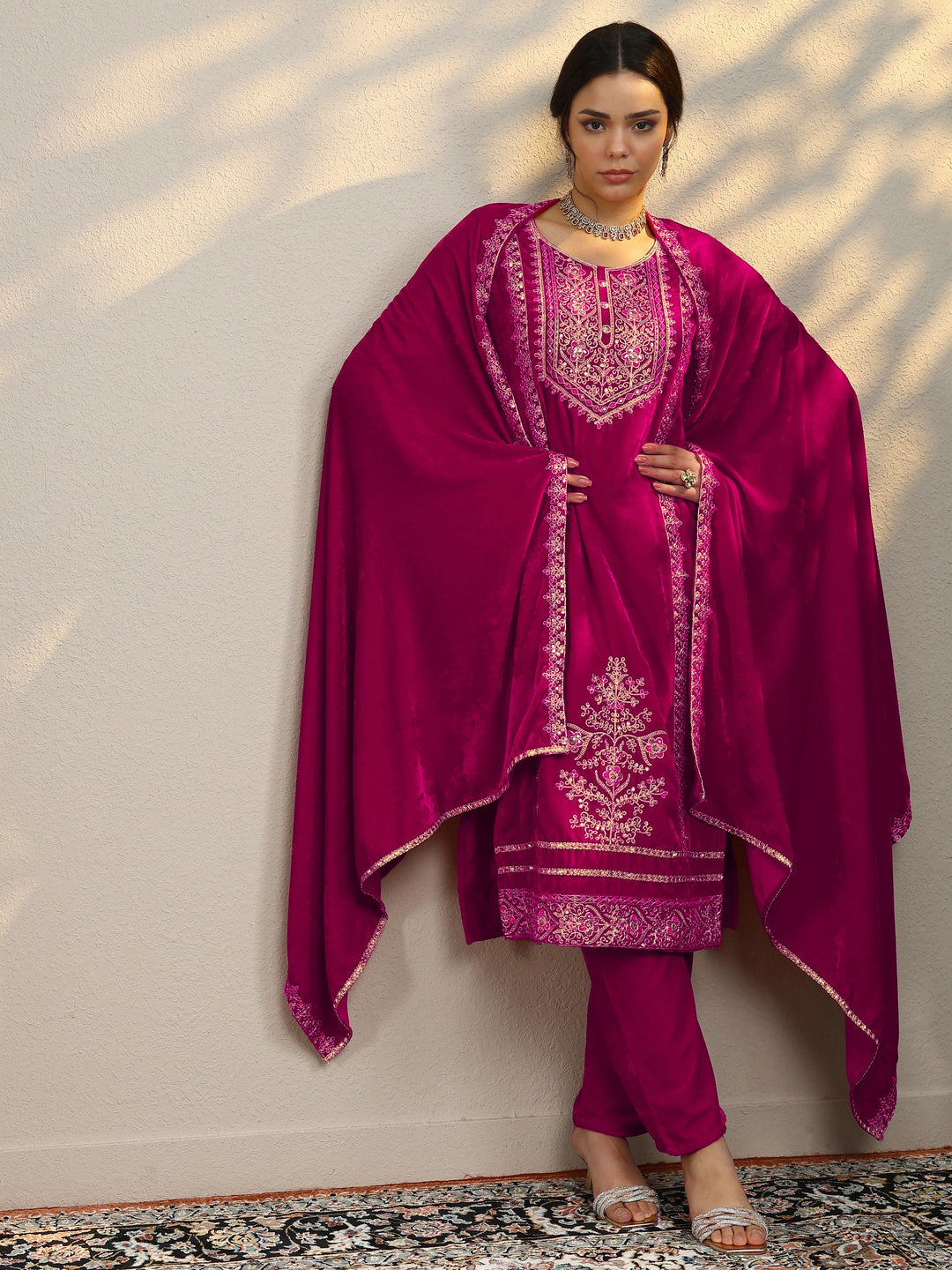 Pink Embroidered Velvet Straight Suit Set With Dupatta