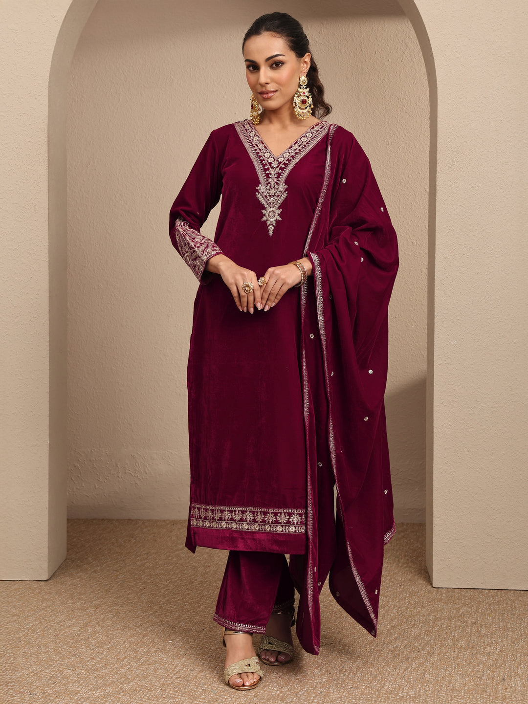 Maroon Embroidered Velvet Straight Suit Set With Dupatta