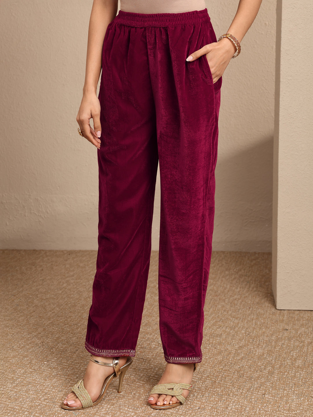 Maroon Embroidered Velvet Straight Suit Set With Dupatta