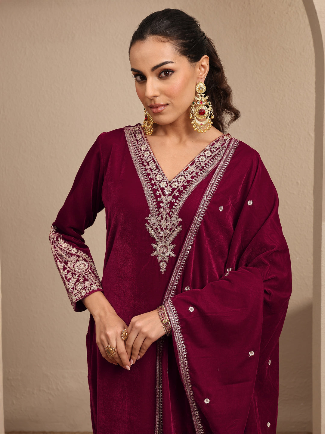 Maroon Embroidered Velvet Straight Suit Set With Dupatta