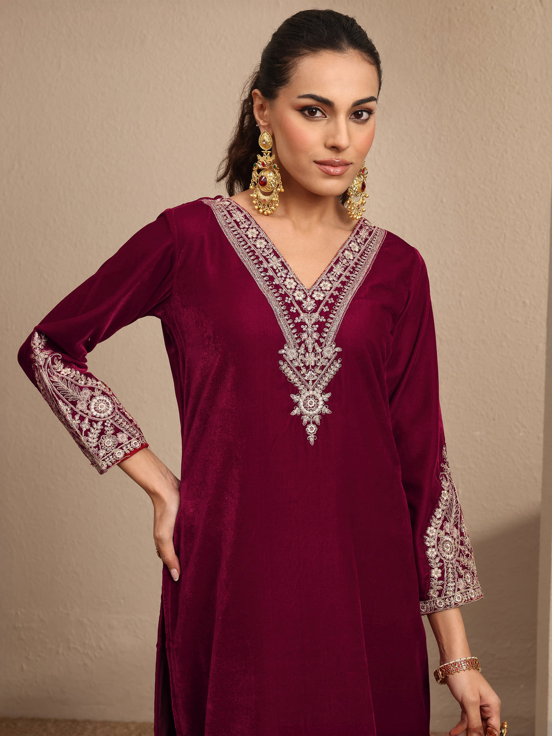 Maroon Embroidered Velvet Straight Suit Set With Dupatta