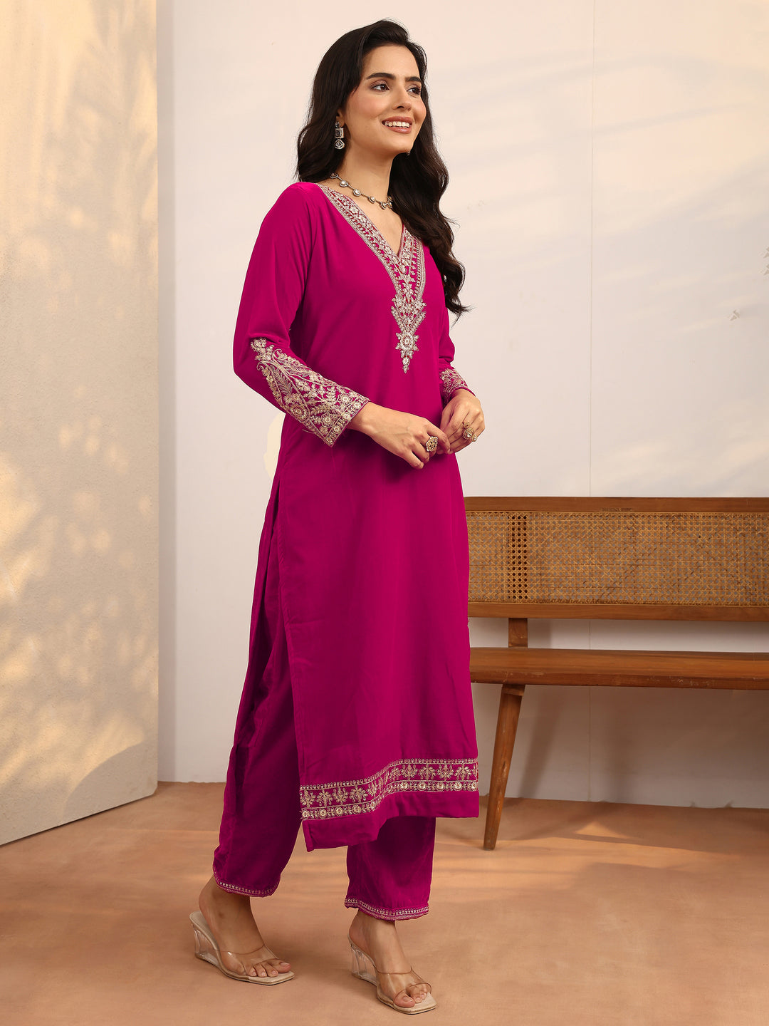Pink Embroidered Velvet Straight Suit Set With Dupatta