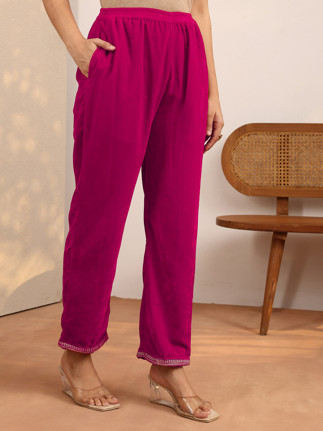 Pink Embroidered Velvet Straight Suit Set With Dupatta