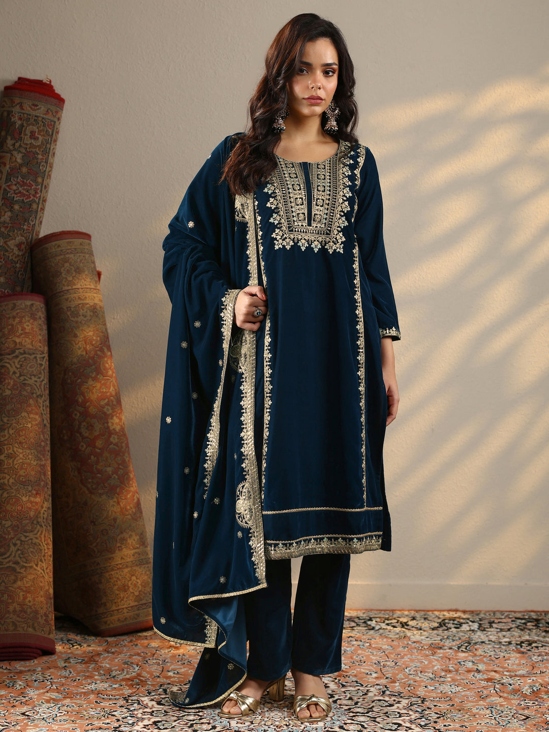 Navy Blue Embroidered Velvet Straight Suit Set With Dupatta