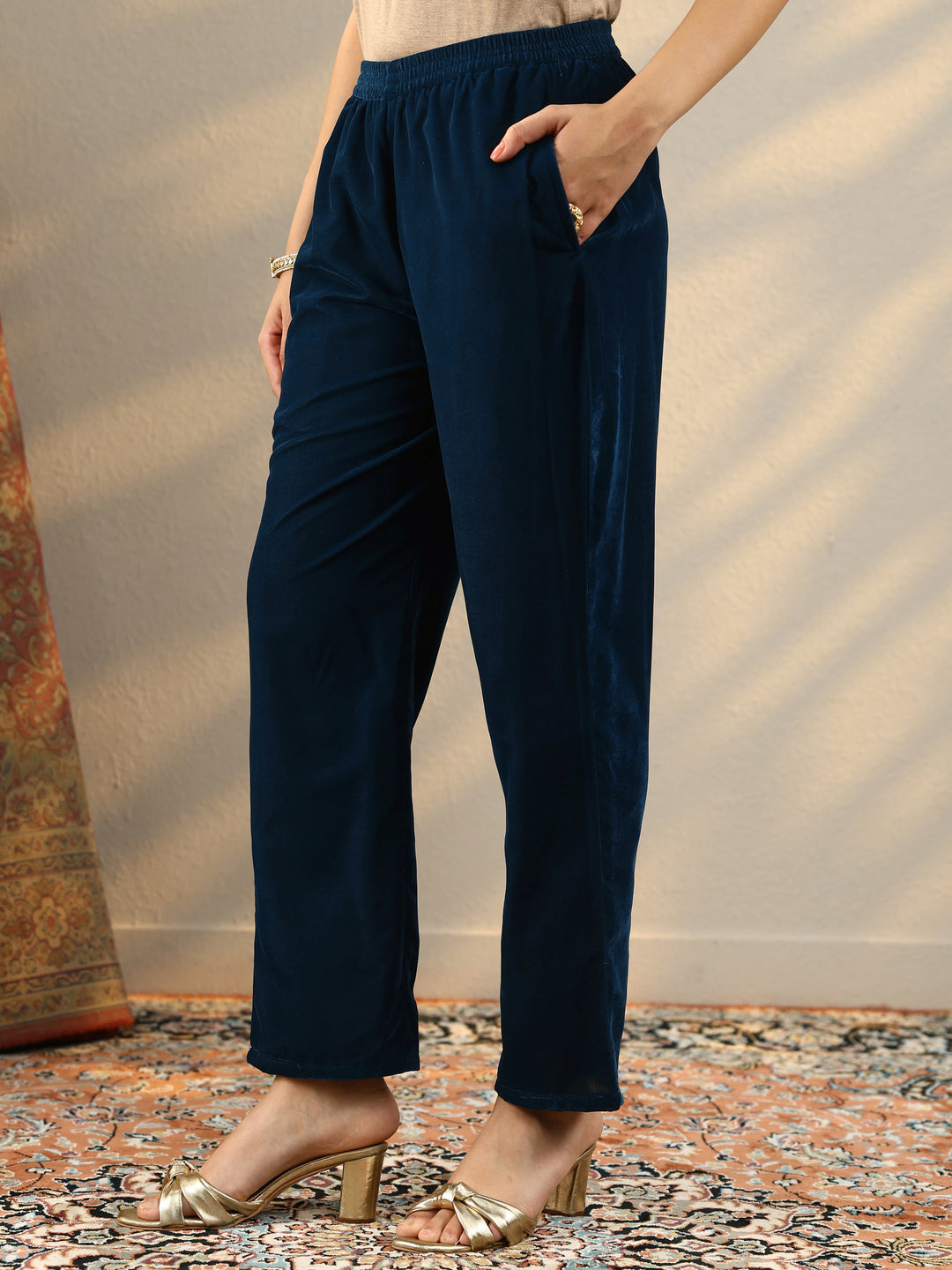 Navy Blue Embroidered Velvet Straight Suit Set With Dupatta