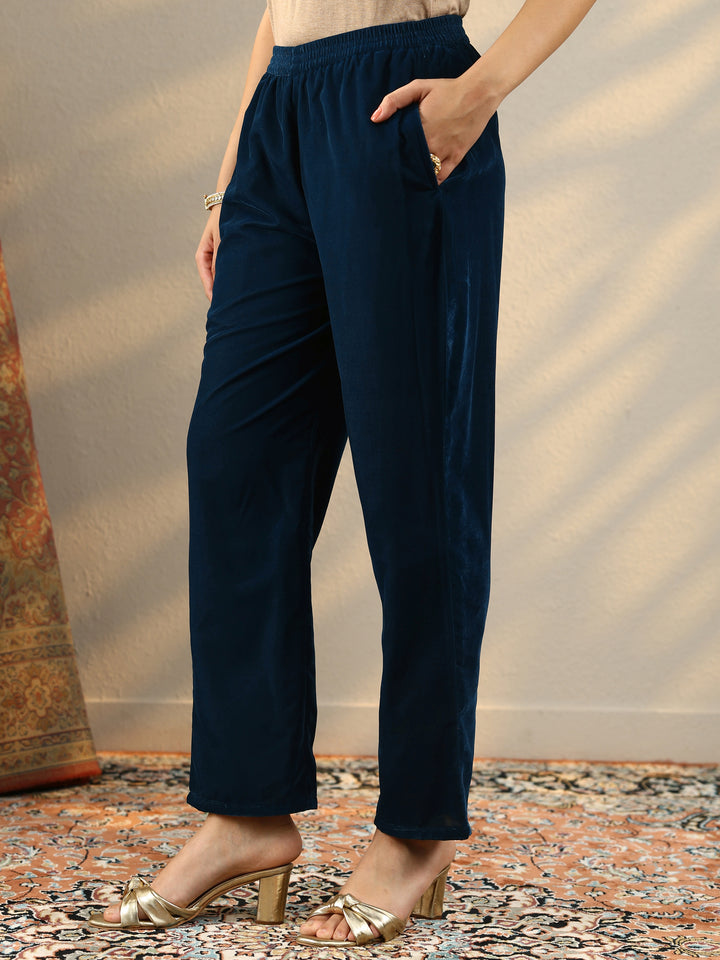 Navy Blue Embroidered Velvet Straight Suit Set With Dupatta