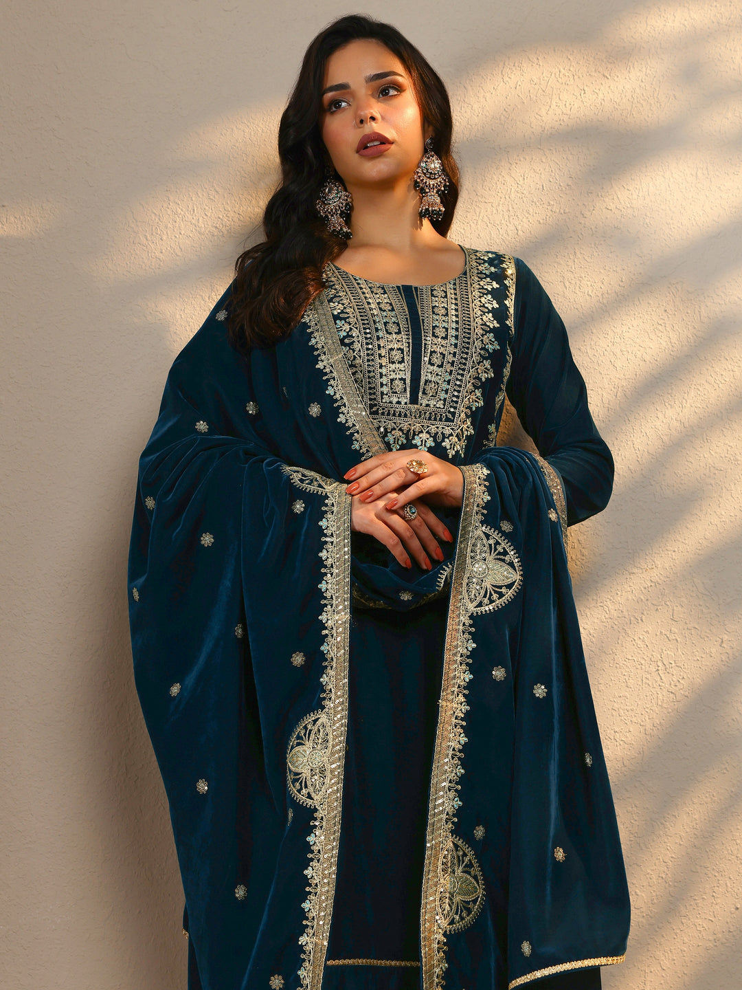 Navy Blue Embroidered Velvet Straight Suit Set With Dupatta