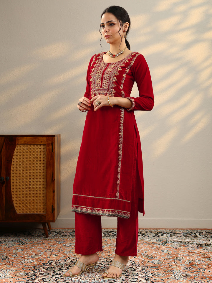 Red Embroidered Velvet Straight Suit Set With Dupatta