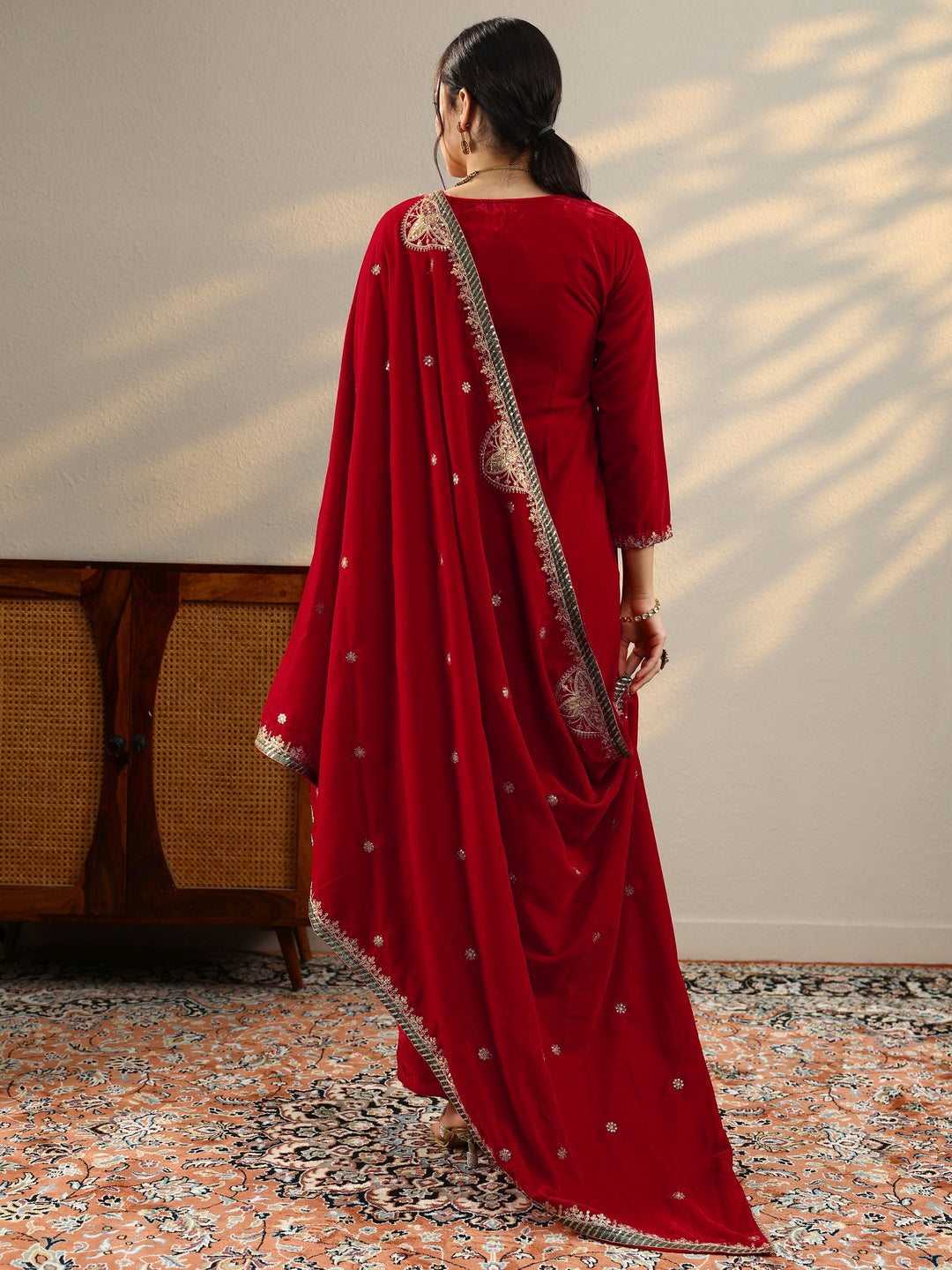 Red Embroidered Velvet Straight Suit Set With Dupatta