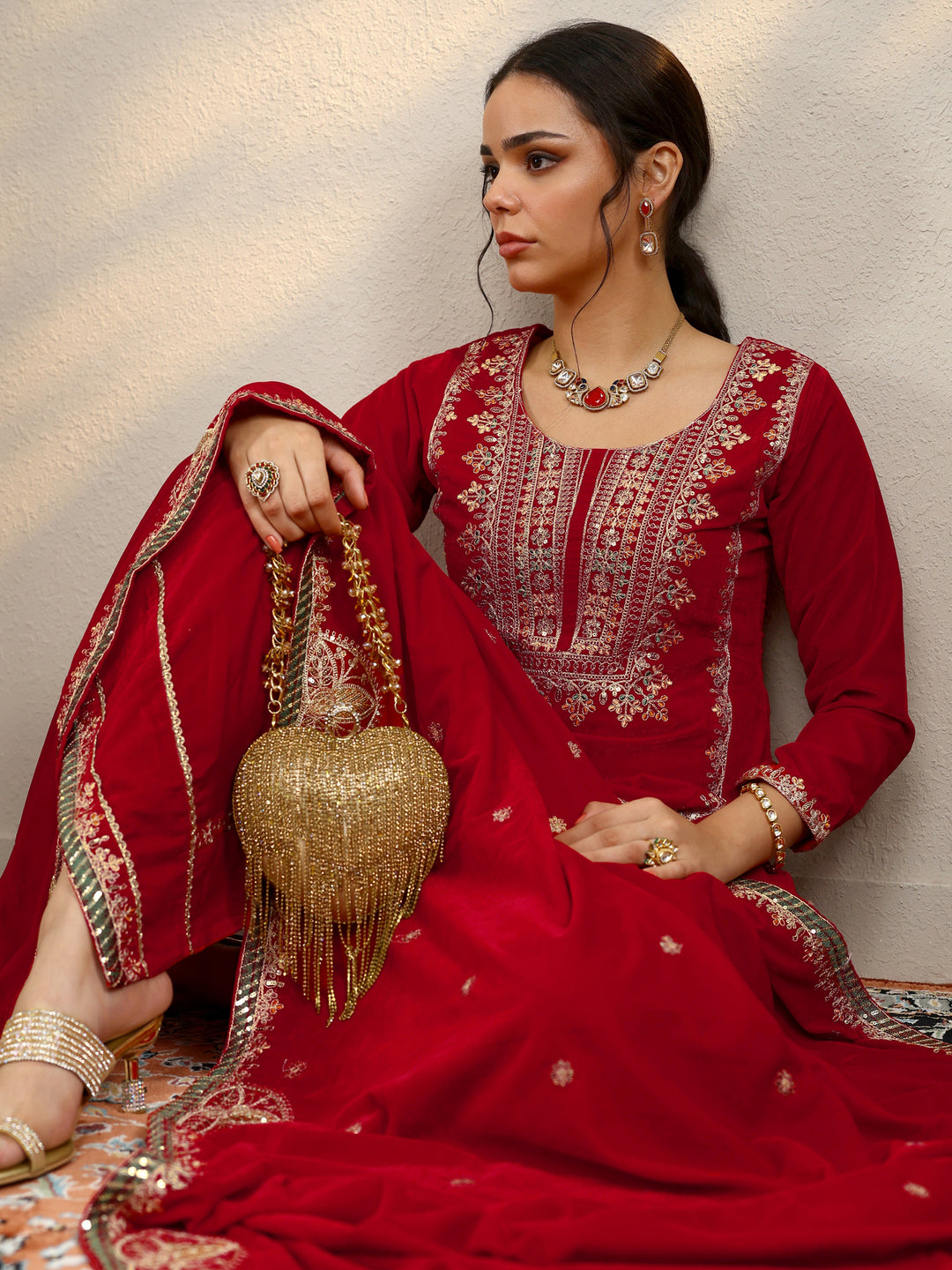Red Embroidered Velvet Straight Suit Set With Dupatta