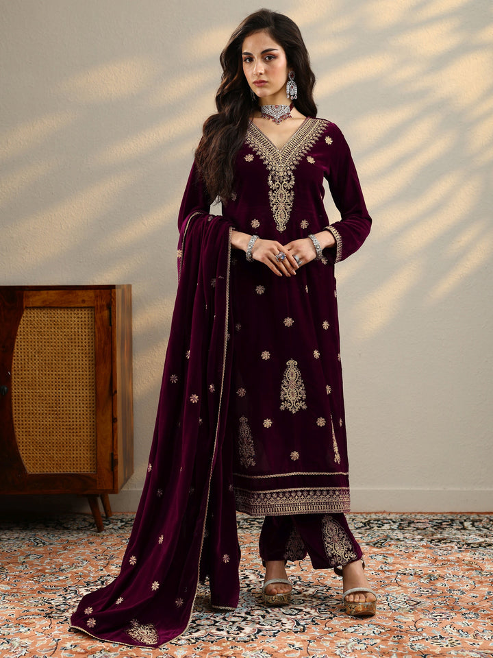 Maroon Embroidered Velvet Straight Suit Set With Dupatta