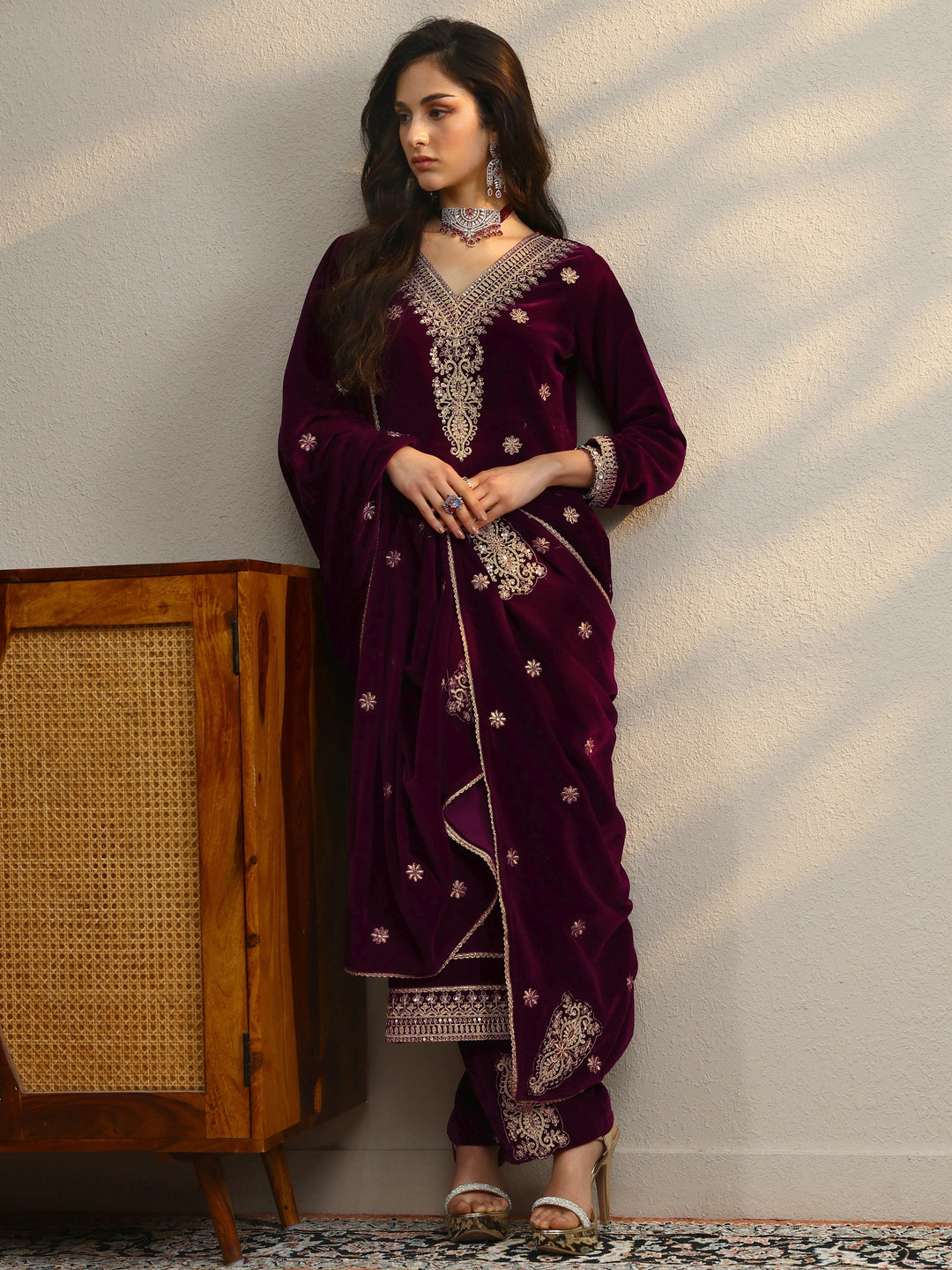 Maroon Embroidered Velvet Straight Suit Set With Dupatta