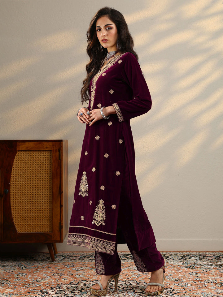 Maroon Embroidered Velvet Straight Suit Set With Dupatta