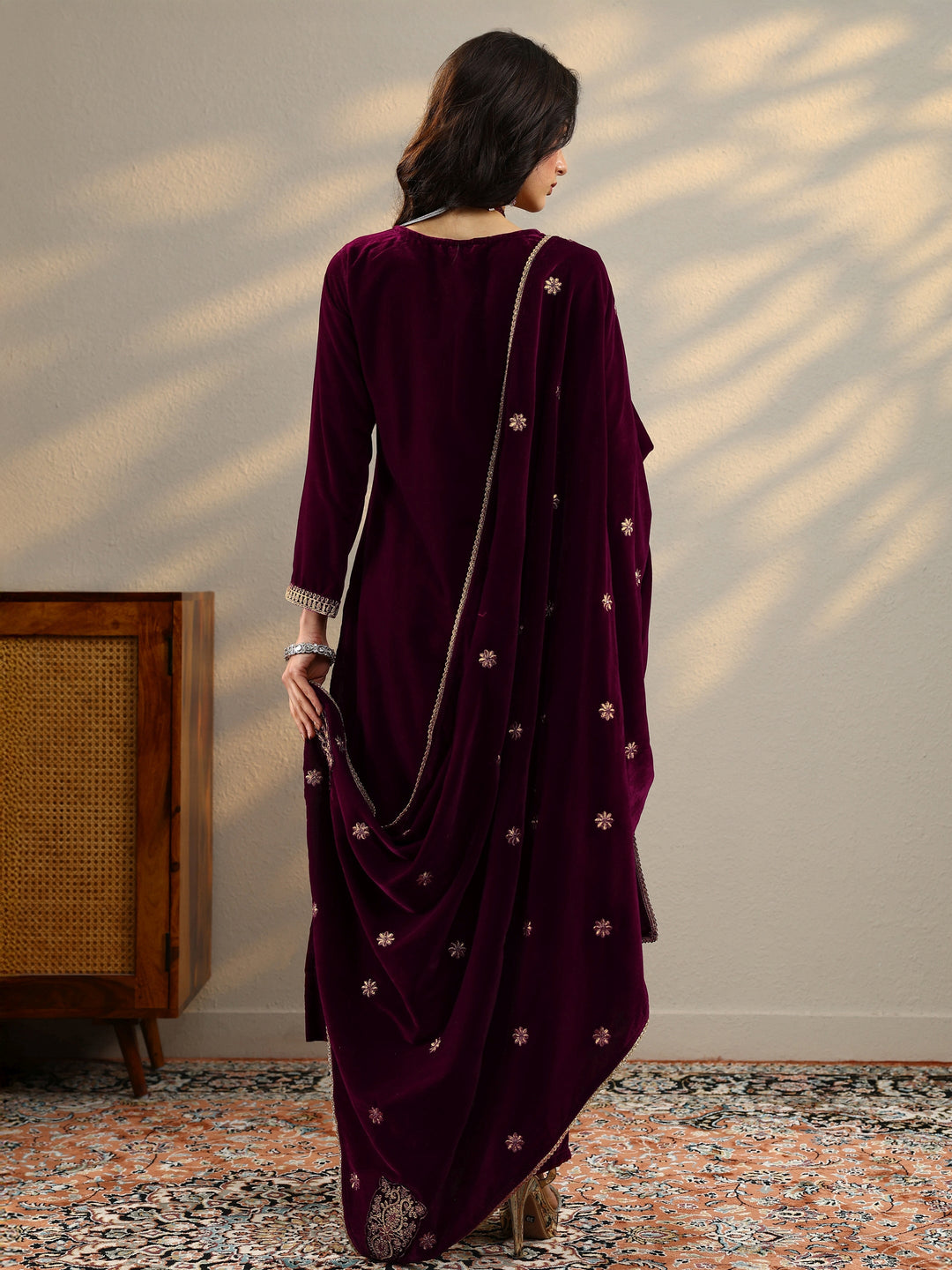 Maroon Embroidered Velvet Straight Suit Set With Dupatta