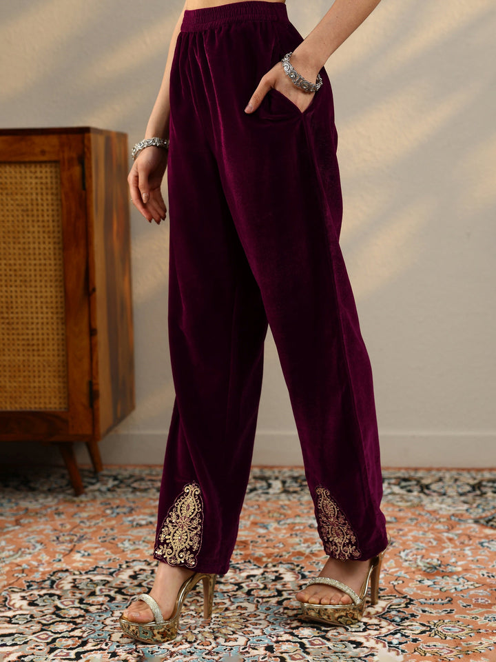 Maroon Embroidered Velvet Straight Suit Set With Dupatta
