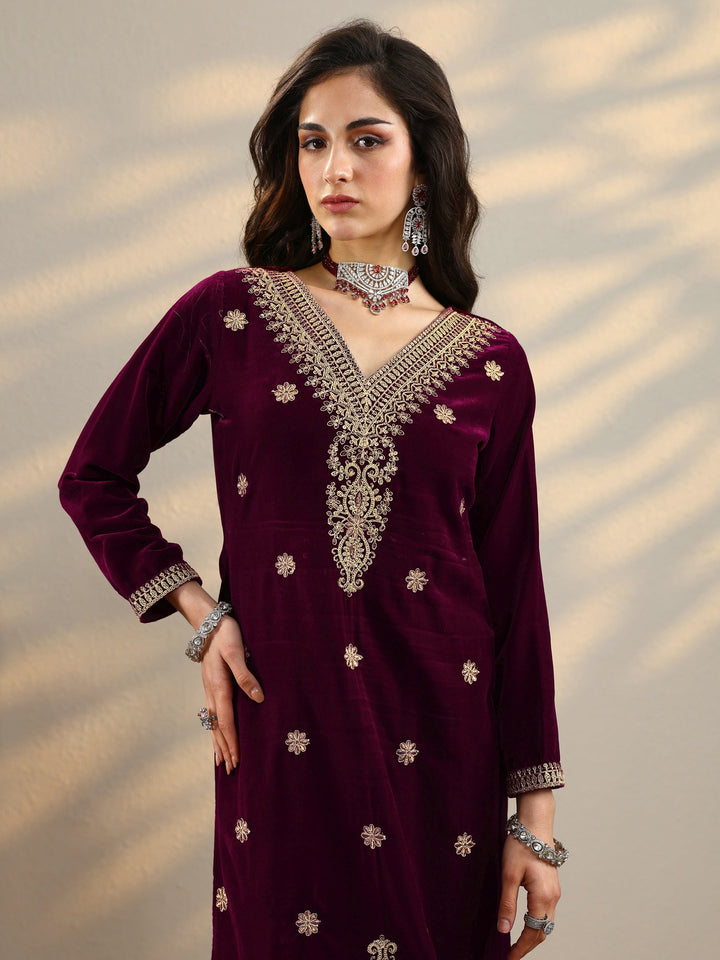 Maroon Embroidered Velvet Straight Suit Set With Dupatta