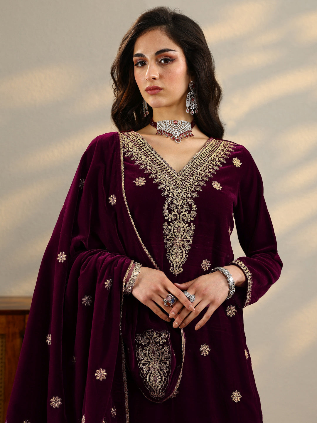 Maroon Embroidered Velvet Straight Suit Set With Dupatta