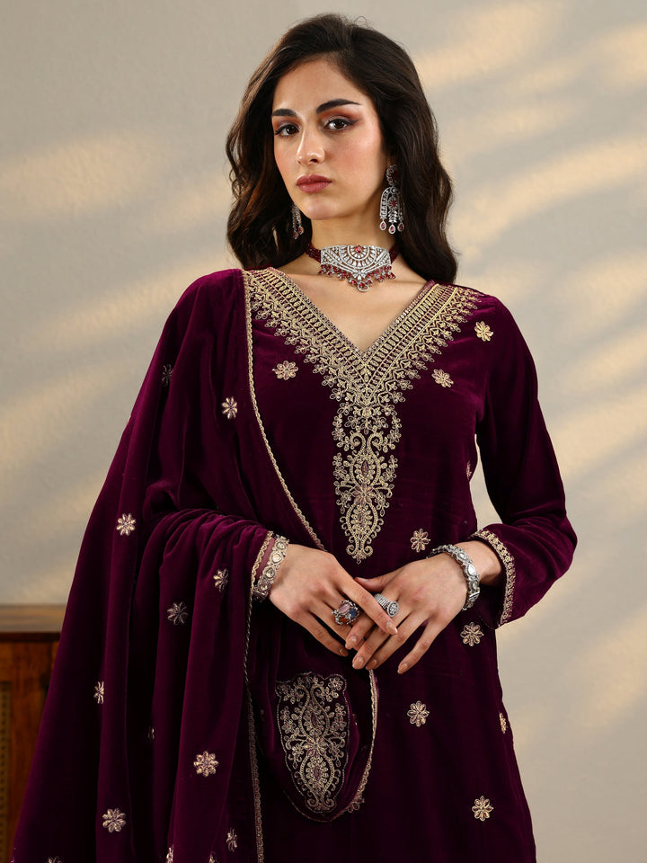 Maroon Embroidered Velvet Straight Suit Set With Dupatta