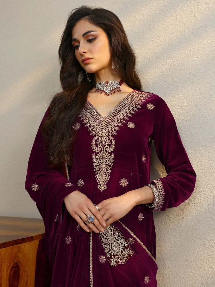 Maroon Embroidered Velvet Straight Suit Set With Dupatta
