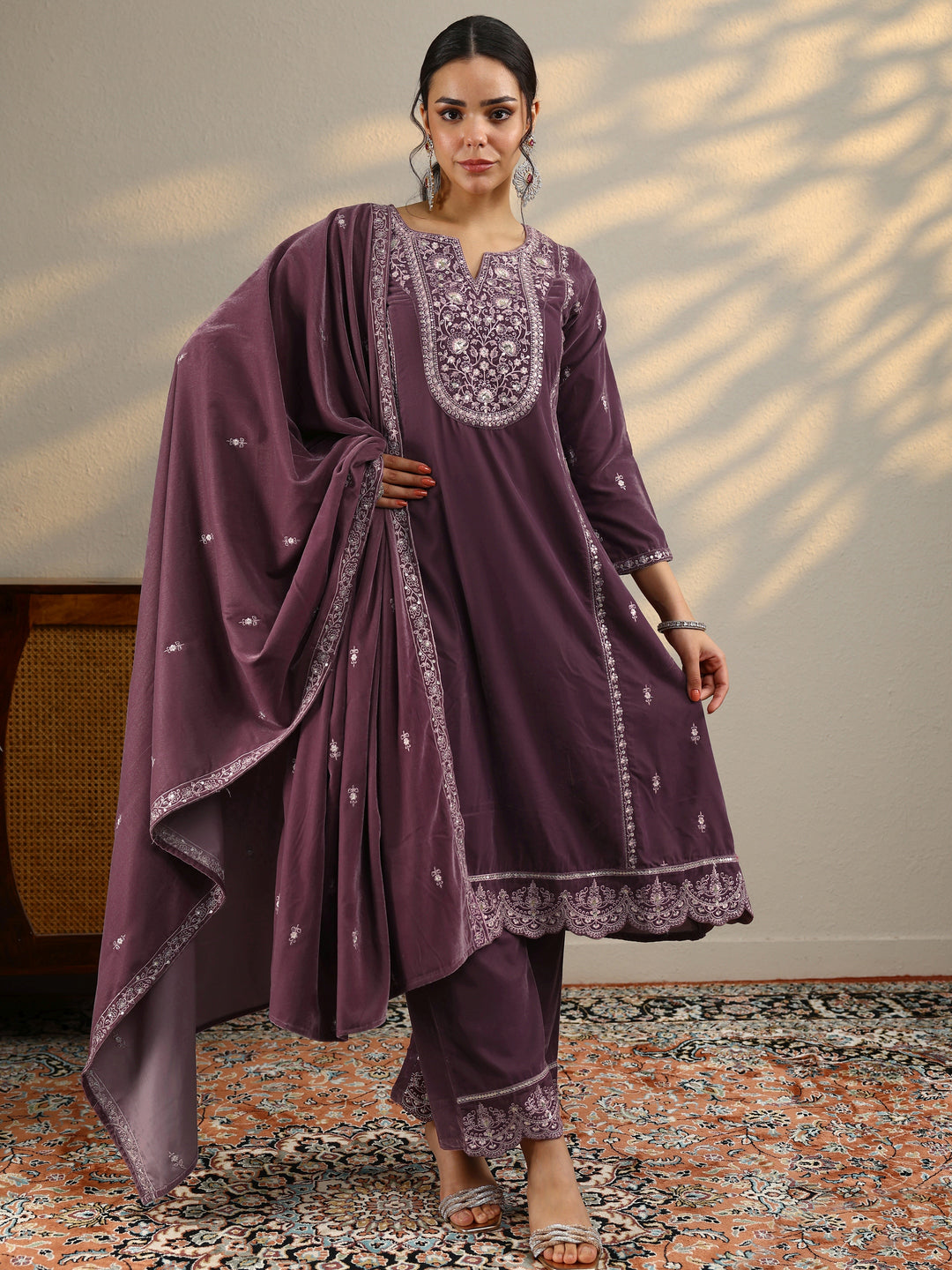 Mauve Embroidered Velvet A-Line Suit Set With Dupatta