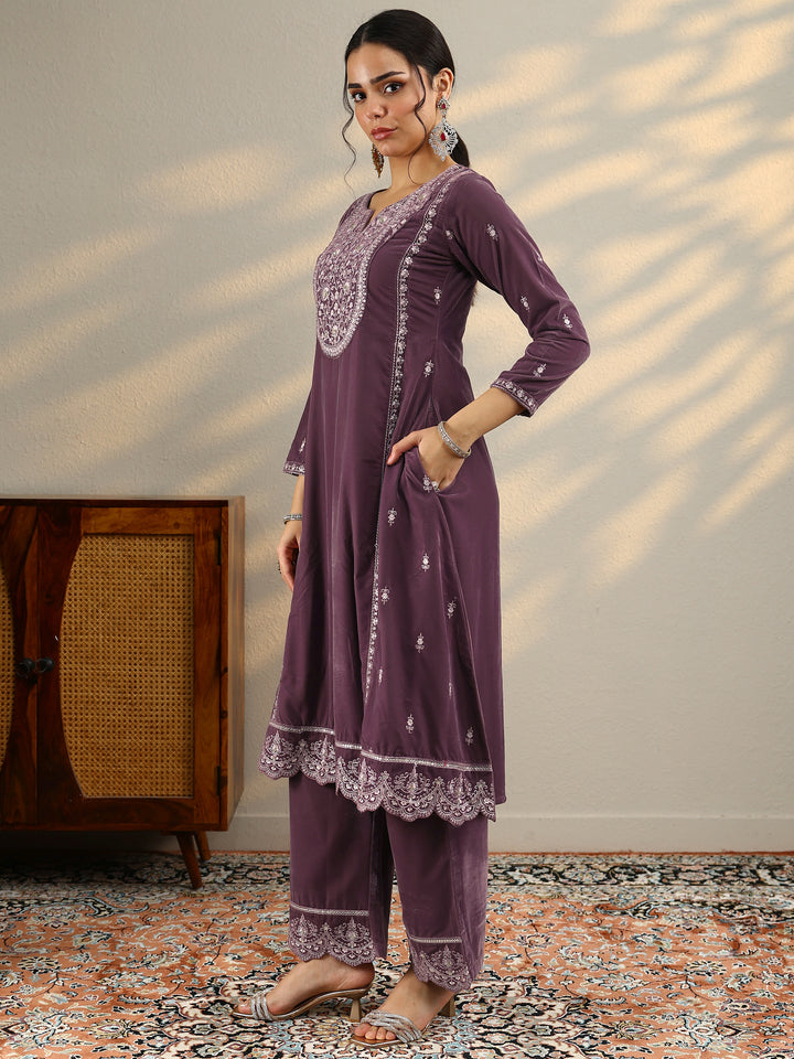 Mauve Embroidered Velvet A-Line Suit Set With Dupatta